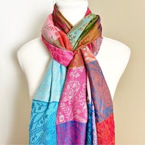 Vibrant Multicolor Pashmina-Inspired Scarf Paisley Patchwork Shawl Tassel Fringe